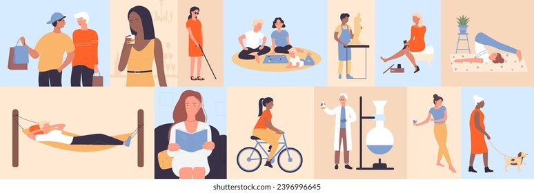 Daily healthy life of people, geometric mosaic pattern vector illustration. Cartoon creative color frames with young and old characters read and play game, study and do hobby or sports, shopping