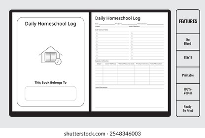 Tägliche HomeSchool Log Tracker oder Planer Vektorgrafik erfasst organisiertes Lernen, nachvollziehbare Aktivitäten, geplante Unterrichtsstunden, Fortschrittsüberwachung, kreatives Layout und pädagogisches Design.