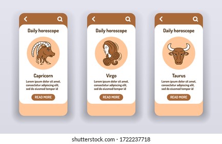 Daily horoscope on mobile app onboarding screens. Predictions and human character. Elements earth. Banners for website on brown background and mobile kit development. UI UX GUI template.
