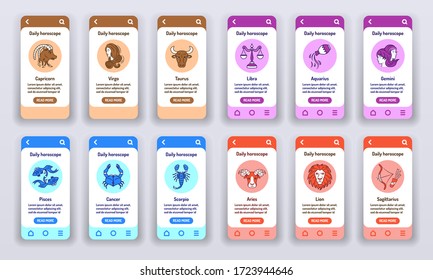 Daily horoscope on mobile app onboarding screens. Astrology. Predictions and human character. Banners for website on red background and mobile kit development. UI UX GUI template.