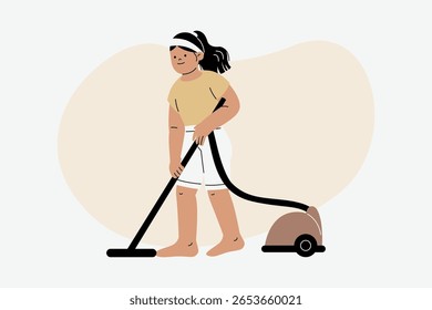 Daily Household Chores Woman Vacuuming Floor for Clean Home Routine