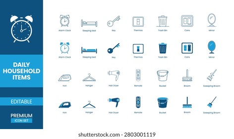 Daily Household Items Icon Set Vector Illustration Premium Editable Home Cleaning Furniture Appliance Symbols Flat Color Design Collection for Apps Infographics Presentations Mobile Web
