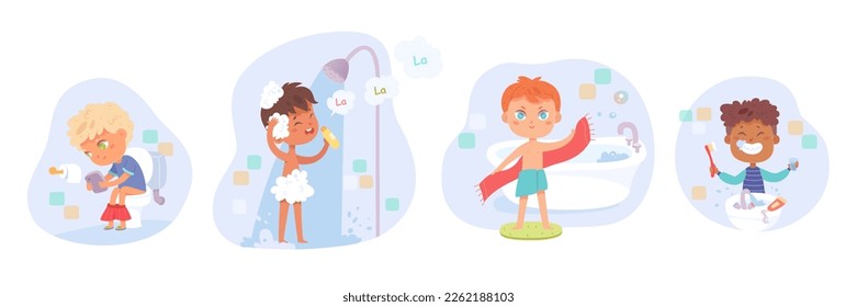 Tägliche Hygiene von Jungen setzen Vektorgrafik. Cartoon süße kleine Kinder putzen Zähne, Pflege und sauberes Gesicht und Körper mit Wasser im Badezimmer, sitzen auf der Toilettenschüssel, gute gesunde Gewohnheiten und Disziplin.