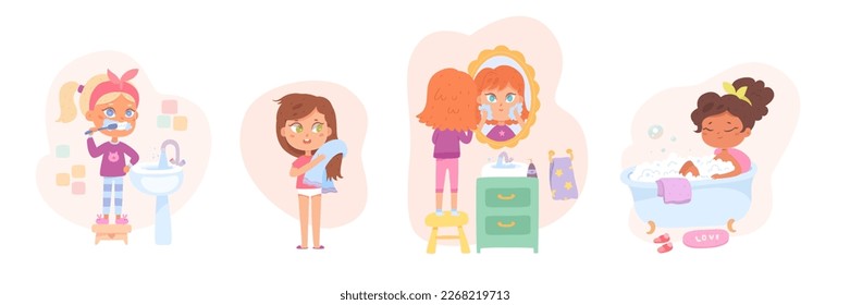 Daily hygiene of girls set vector illustration. Cartoon cute little kids brush teeth, care and clean face and body with water in bathroom, good healthy habits and discipline.