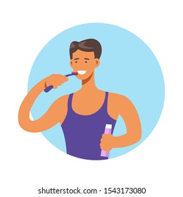 Daily hygiene, man brushing teeth with toothbrush and toothpaste, isolated icon vector. Mouth cavity cleanliness, beauty and healthcare, healthy smile. Guy doing morning or evening routine, dentistry