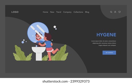 Daily hygiene routine concept. Cheerful young boy brushes teeth, seeing reflection in mirror, starting day with fresh smile. Essential self care, morning wash. Flat vector illustration