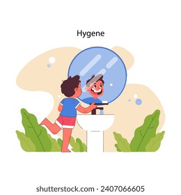 Daily hygiene routine concept. Cheerful young boy brushes teeth, seeing reflection in mirror, starting day with fresh smile. Essential self care, morning wash. Flat vector illustration