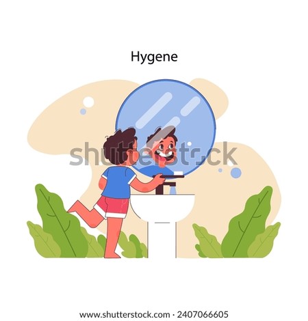 Daily hygiene routine concept. Cheerful young boy brushes teeth, seeing reflection in mirror, starting day with fresh smile. Essential self care, morning wash. Flat vector illustration
