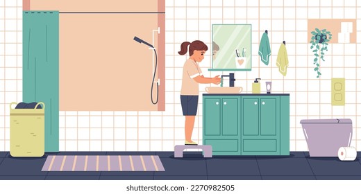 Daily hygiene routine flat concept with girl washing hands in bathroom vector illustration