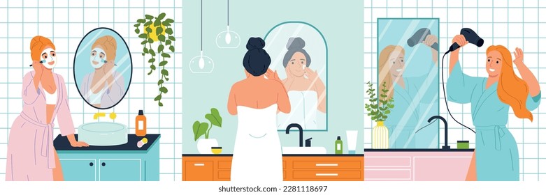 Daily hygiene routine flat concept set with women in bathroom isolated vector illustration