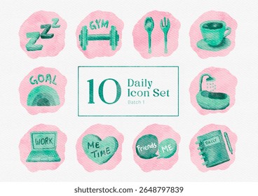 Daily Icon Set (batch 1), Everyday Icon Sticker illustration with watercolor style