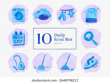 Daily Icon Set (batch 2), Everyday Icon Sticker illustration with watercolor style