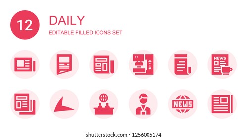 daily icon set. Collection of 12 filled daily icons included News, Newspaper, Press, Live drive