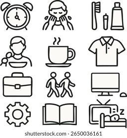 Diariamente ícones checklist acordar rotina manhã hábitos trabalho amigos leitura sono linear vetor