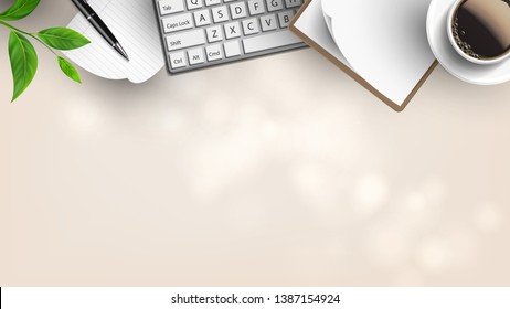 Daily Instruments On Workspace Flat Lay Vector. Branch Of Home Tree Near Blank List Of Paper And Pencil, Keypad With Clipboard And Daily Cup Of Coffee. Copy Space Top View Illustration