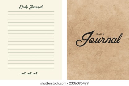 Daily journal cover and interior page  template set. Vector illustration.