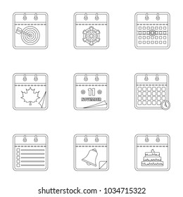 Daily journal icons set. Outline set of 9 daily journal vector icons for web isolated on white background