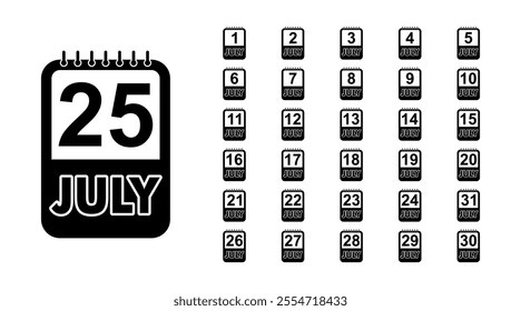 Daily July Calendar Icon collection. Set of Daily calendar symbols.