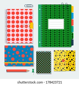 Daily kit notebooks with polka dot pattern on the covers. Vector templates.  