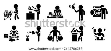 Daily life action icon set. Solid style