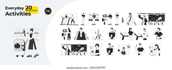 Daily life activities black and white cartoon flat illustration bundle. Asian people routine lifestyle 2D lineart characters isolated. Everyday tasks monochrome vector outline image collection