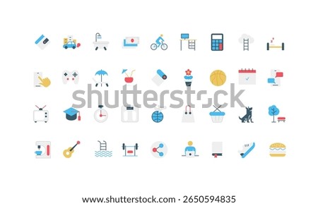 Daily life activity and routine planning, working hours on weekday and weekend leisure color icon set. Shopping and training in gym, workplace and entertainment, sleep flat vector illustration