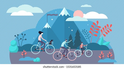 Daily life bike ride vector illustration. Flat tiny everyday transport persons concept. Active lifestyle with sustainable kind of travel. Morning route to work or school and urban riding entertainment