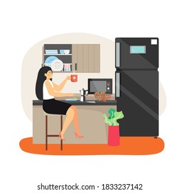 Daily life. Business woman having lunch break, flat vector illustration. Girl sitting at table, eating and drinking coffee. Daily routine, everyday activities.