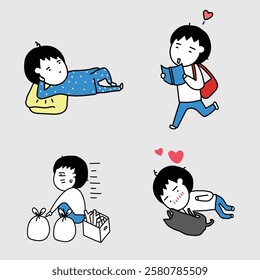 Daily Life Cartoon Character Illustration Set