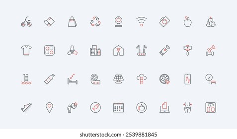 Daily life in city, devices and gadgets for modern sustainable lifestyle line icon set. Everyday routine, fitness, meditation for wellbeing thin black and red outline symbols vector illustration