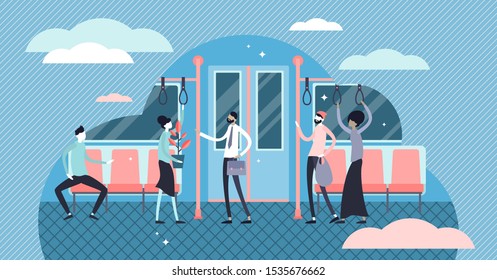 Daily life commuting vector illustration. Flat tiny move to work persons concept. Everyday transport infrastructure for delivery labor to job place. Subway, tram or bus passengers in urban city scene.