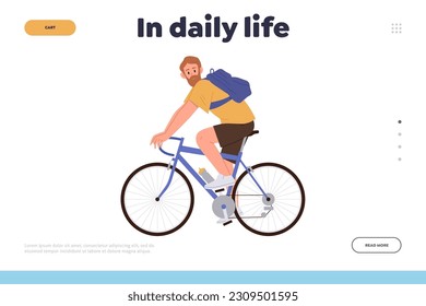 In daily life concept for landing page design template with happy hipster man character cycling