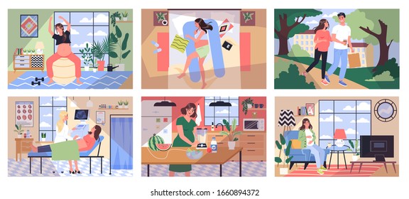 Daily Life During Pregnancy. Young Woman Preparing To Be Mom. Doing Fitness, Walking, Eating Healthy Food, Visitig Doctor. Baby Awaiting. Pregnant Woman With A Big Belly. Isolated Vector Illustration