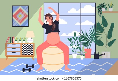 Daily life during pregnancy. Young woman doing sport with exercise ball. Healthy lifestyle and relaxation. Baby awaiting. Pregnant woman with a big belly. Isolated vector illustration