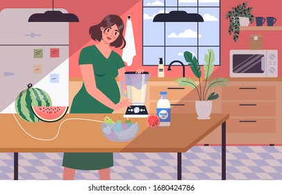 Daily life during pregnancy. Young woman preparing to be mom. Young woman cooking and eating healthy food. Baby awaiting. Pregnant woman with a big belly. Isolated vector illustration