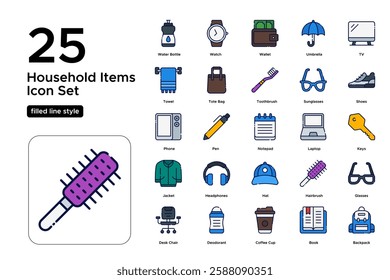 Daily Life Essentials. Household, Work, and Leisure Icons. Everyday Objects and Activities. Vector Illustration. FIlled line icon set