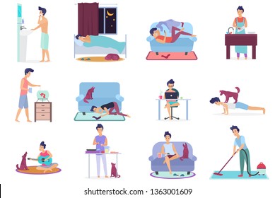 Daily life, everyday routine scenes of young man. Playing on guitar with dog, watching TV, working on laptop, sleeping, cleaning room, cooking, washing clothes, doing exercises vector illustration.