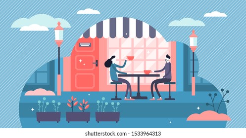 Daily life friends meeting flat tiny persons concept vector illustration. Friendship, colleagues, lovers or business partners talking in cafe with coffee cup. Scene with agreement or deal discussion.