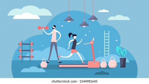 Daily life gym vector illustration. Flat tiny sport exercise scene persons concept. Healthy everyday lifestyle with training activity and recreation schedule. Physical strength trainer with slim fit.