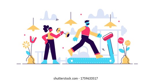 Daily life gym vector illustration. Flat tiny sport exercise scene persons concept. Healthy everyday lifestyle with training activity and recreation schedule. Physical strength trainer with slim fit.