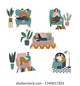 Daily life and home cozy relax set with people characters in scandinavian style comfy interior with houseplants, flat vector illustration isolated on white background.