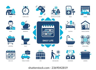 Daily Life icon set. Shopping, House Cleaning, Social Media, Cooking, Breakfast, Bathroom, Sleeping, Toilet. Duotone color solid icons