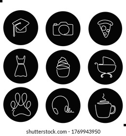 Daily life and interest continuous one line drawing icon set on black background. vector illustration
