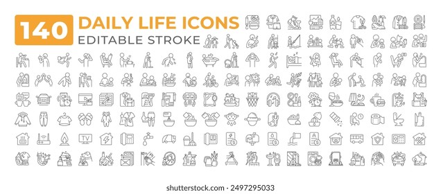 Conjunto grande de iconos de línea de vida diaria. Actividades familiares, rituales para acostarse. Servicios públicos para el hogar, rutina de vida. Pictogramas de contorno de conjunto de iconos. Ilustraciones vectoriales lineales aisladas. Trazo editable