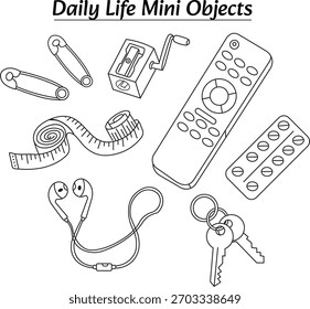 Daily Life Mini Objects Doodle Set – Hand Drawn Household Essentials Vector Illustration