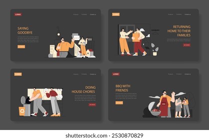 Daily Life Moments set. Illustrations depicting routine activities like bidding farewell, returning home, doing chores, and having a BBQ with friends. Vector illustration.