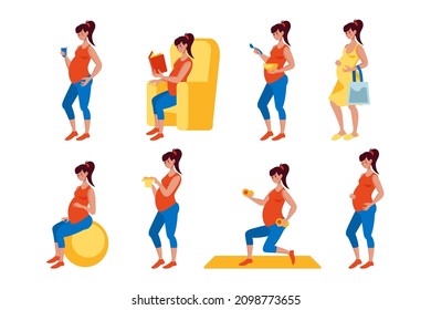 Daily life of pregnant cartoon woman vector illustrations set. Happy female character eating, doing exercises, future mom sitting and reading on white background. Pregnancy, motherhood concept