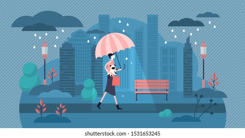 Daily life with rainy weather vector illustration. Flat tiny cloudy and windy meteorology forecast. Urban city scene with routine walk in overcast autumn storm. Outdoor water drop shower with umbrella