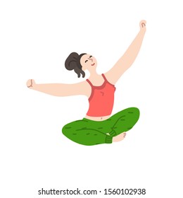 Daily life and routine by young woman at home. Female character in home clothes wake up in good mood. Flat cartoon vector illustration