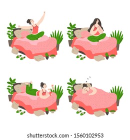 Daily life and routine by young woman at home. Girl wake up, meditation, sends messages and sleeping in her bed. Bundle of daily life scenes. Flat cartoon vector illustration